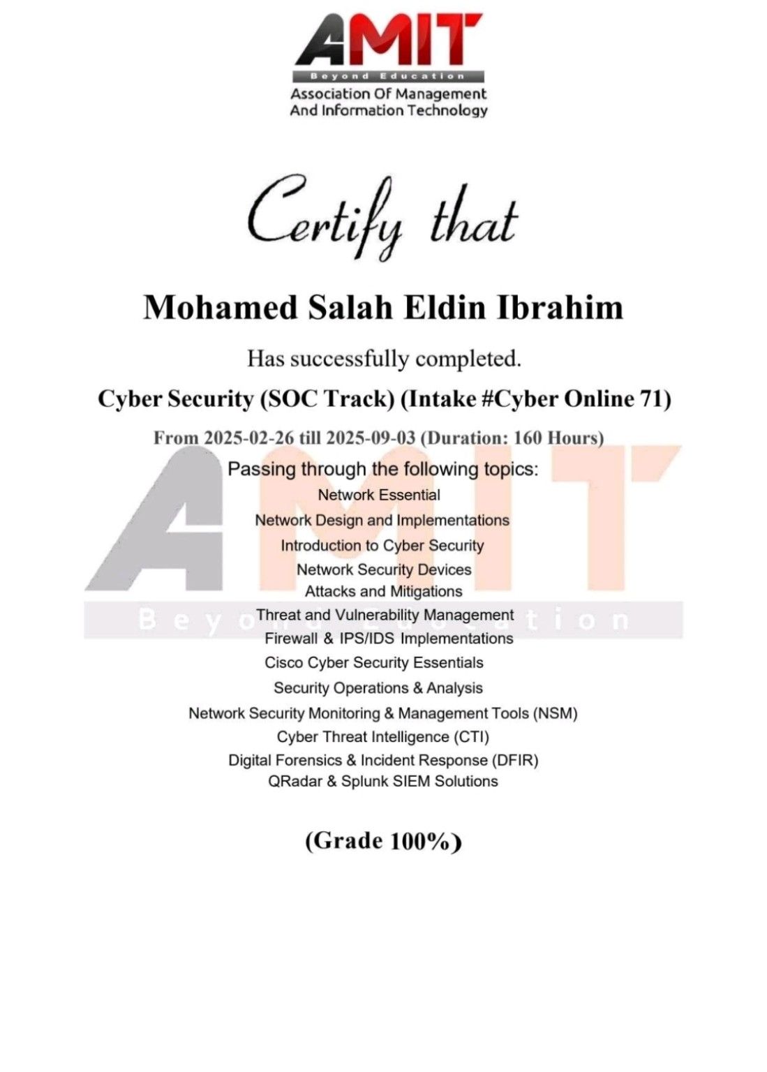 AMIT Blue Team diploma certificate