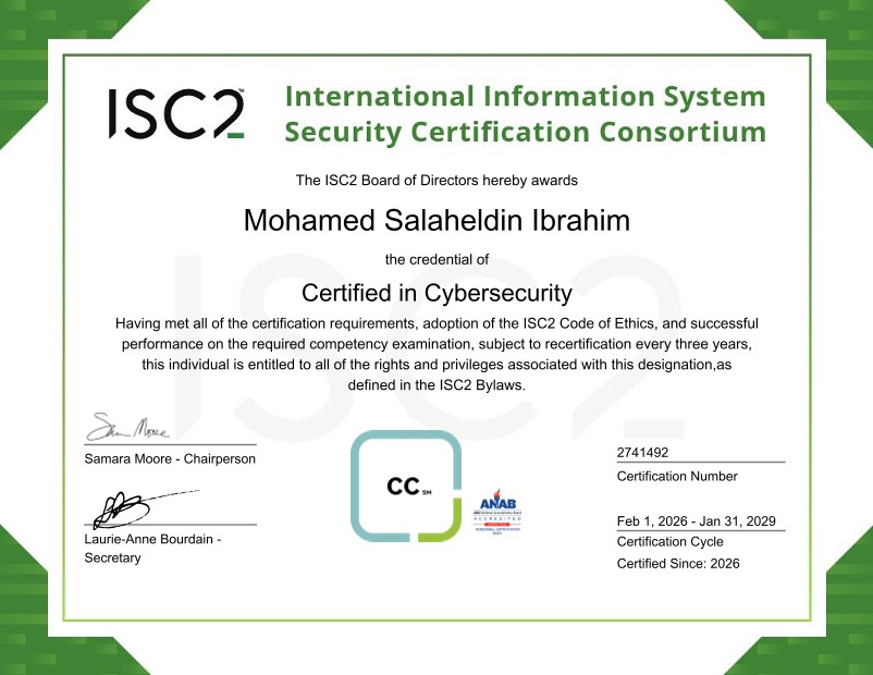 ISC2 Certified in Cybersecurity certificate
